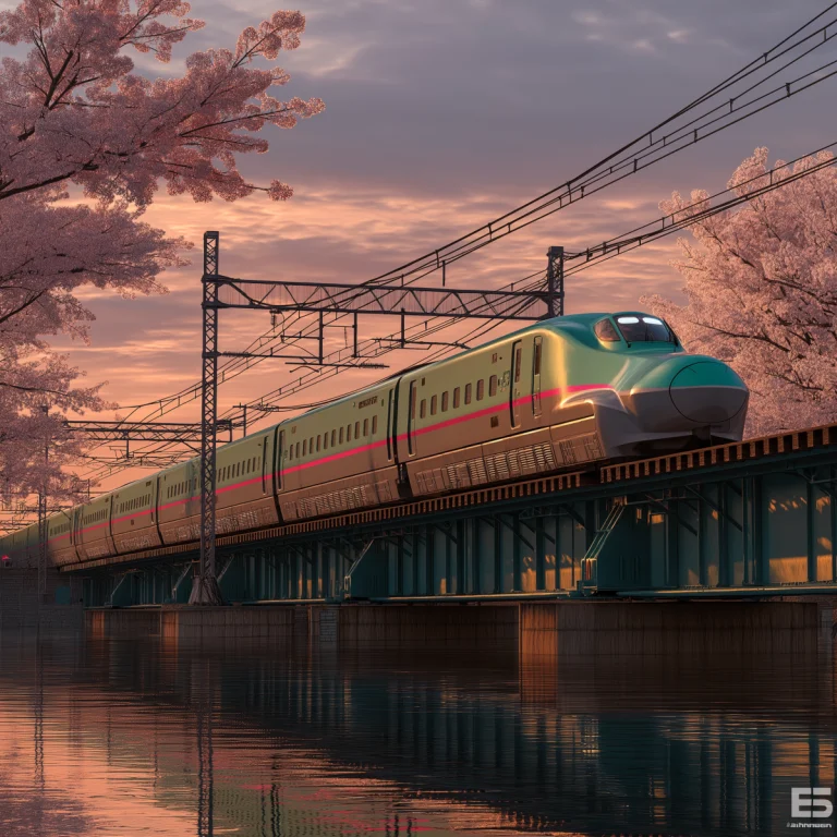 E5 Series Hayabusa Shinkansen with green and pink stripe, long aerodynamic nose, high-speed service from Tokyo to Hokkaido.