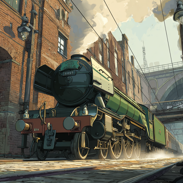 Flying Scotsman steam locomotive 4-6-2 built in 1923, green LNER livery at London King’s Cross station, heritage railway icon featured in TrainStation 2.