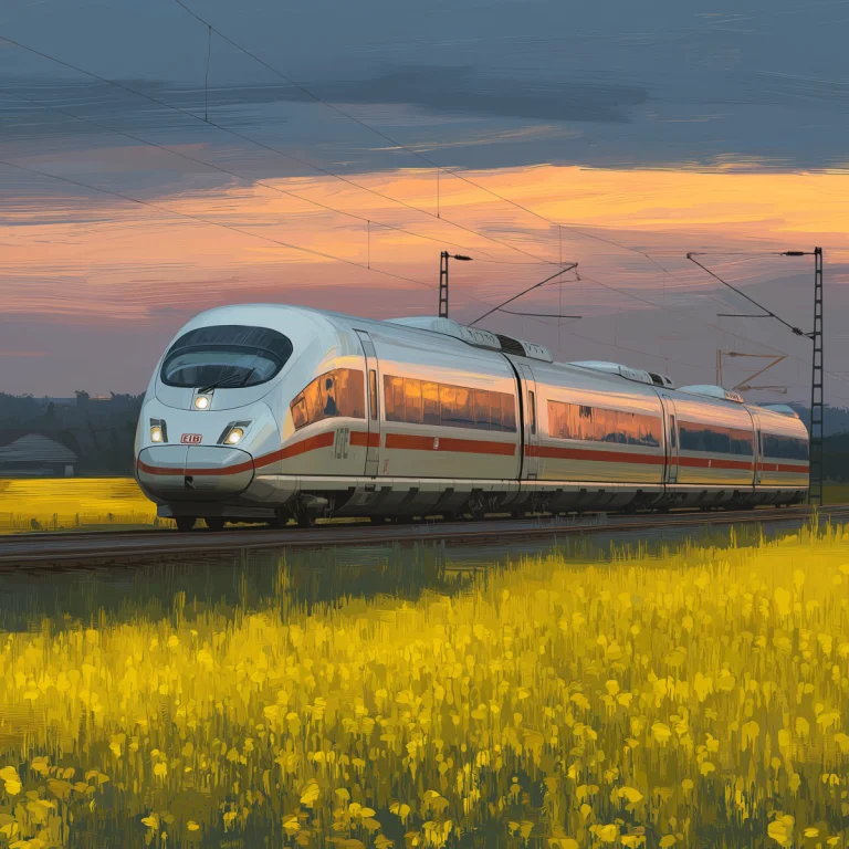 German ICE 3 high-speed passenger train, aerodynamic white and red design, Deutsche Bahn service on Frankfurt to Berlin route.