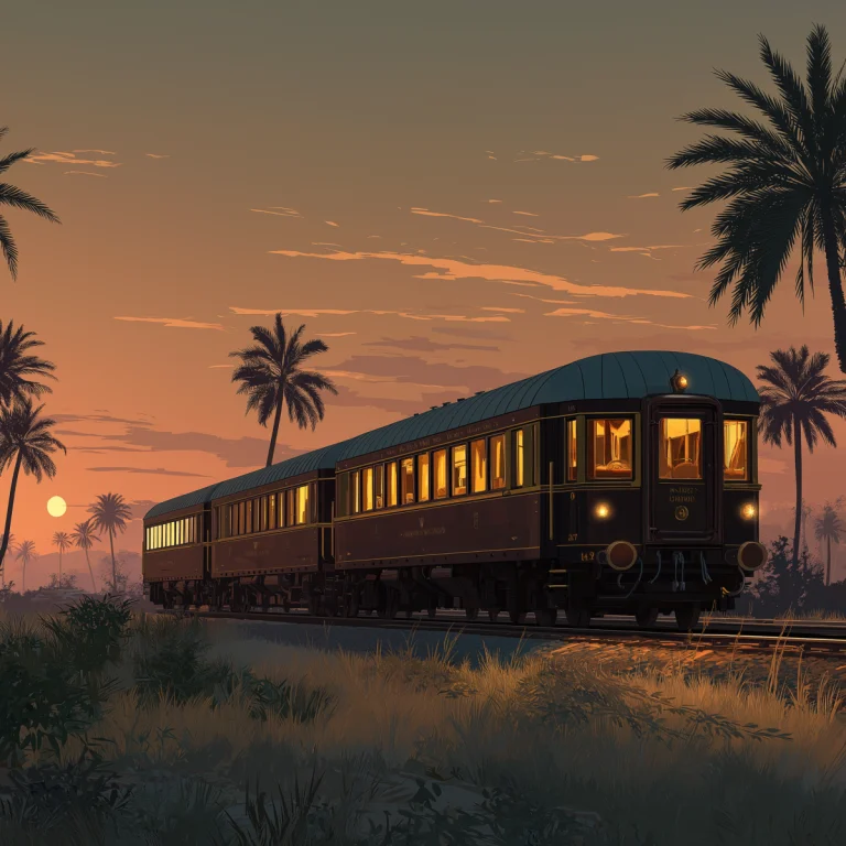 Luxury Orient Express passenger train with Pullman coaches, European travel icon from Paris to Istanbul, vintage blue and gold livery.