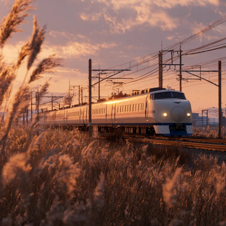 Shinkansen bullet train E5 series in white and blue, high-speed rail Japan, Tokyo to Osaka route, modern electric train featured in TrainStation 3.