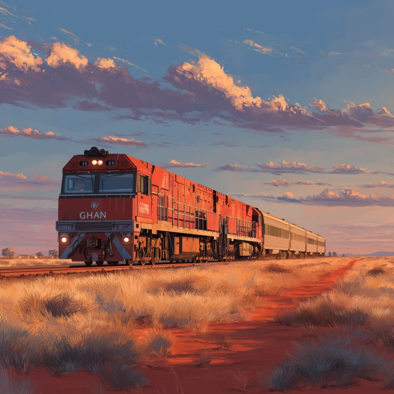 The Ghan luxury passenger train in red livery, crossing Australian outback from Adelaide to Darwin, scenic transcontinental journey.