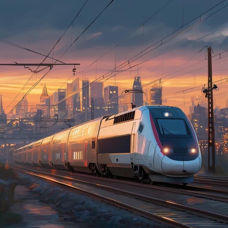 French TGV Duplex high-speed double-decker train, silver and blue SNCF design, Paris to Marseille route, record-setting rail travel.