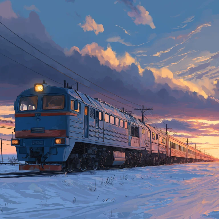 Trans-Siberian Express passenger train on Russian broad gauge tracks, scenic route from Moscow to Vladivostok across Siberia.