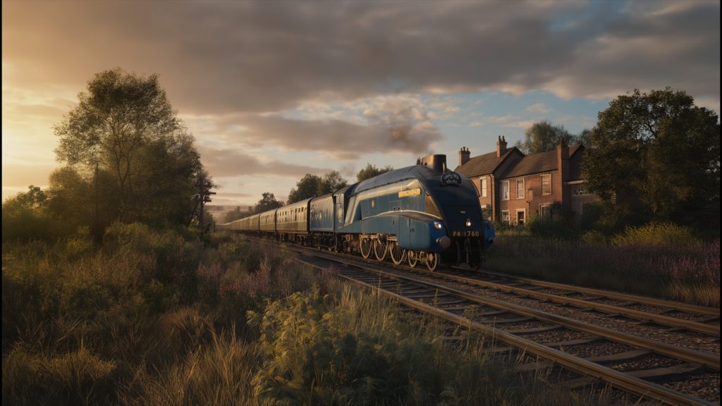 Mallard steam locomotive Class A4 built in 1938, streamlined blue casing, world speed record holder for steam trains.