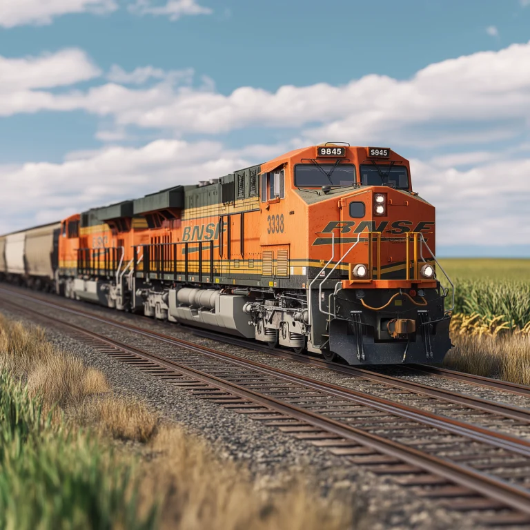 BNSF grain freight train with three locomotives on plains