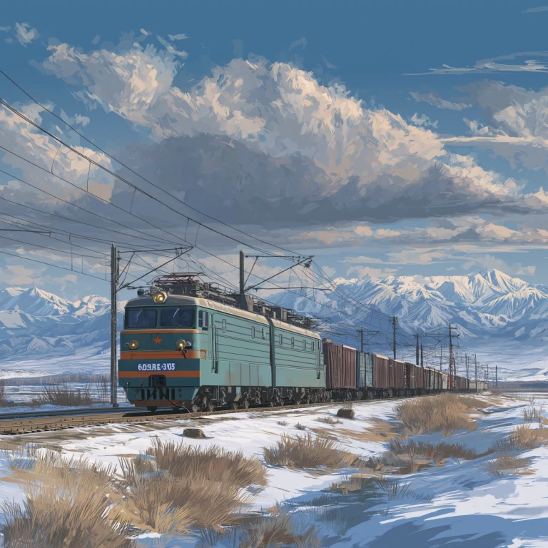 Trans-Siberian freight train crossing snowy Russian landscape