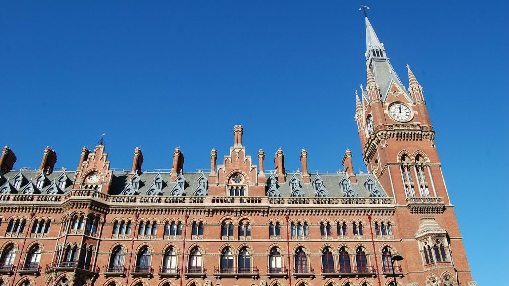 St Pancras International Station red-brick Victorian Gothic façade, one of Europe’s most iconic historic railway stations.