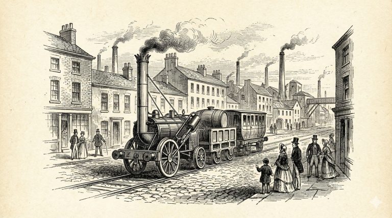 illustration of Stephenson’s Rocket steam locomotive, early railway engineering and historic steam train design