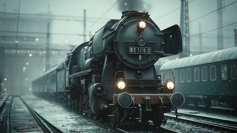illustration of DRG Class 52 steam locomotive, historic German freight train from World War II era