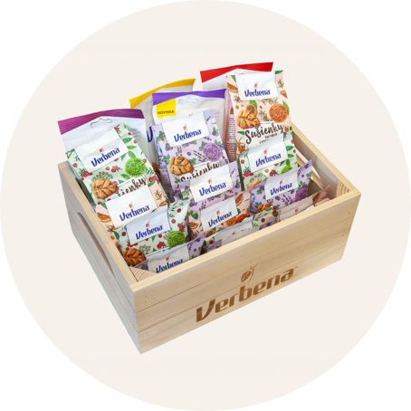 Drevená debnička plná skvelých produktov Verbena